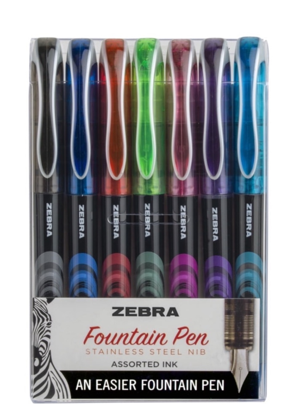 Zebra Fountain Pen, Set of 7 . Prefilled  0.6mm Stainless Steel Nibs